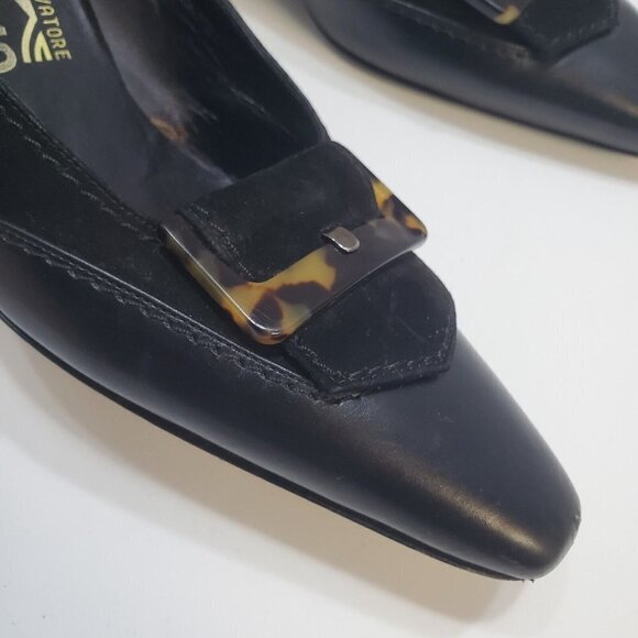 Salvatore Ferragamo Slip-On Mules Heels 7AA Black Suede Leather Tortoise Shell - Picture 9 of 15